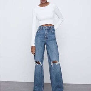 Zara High Rise Wide Leg Wide Leg Jeans with Distressed Knees